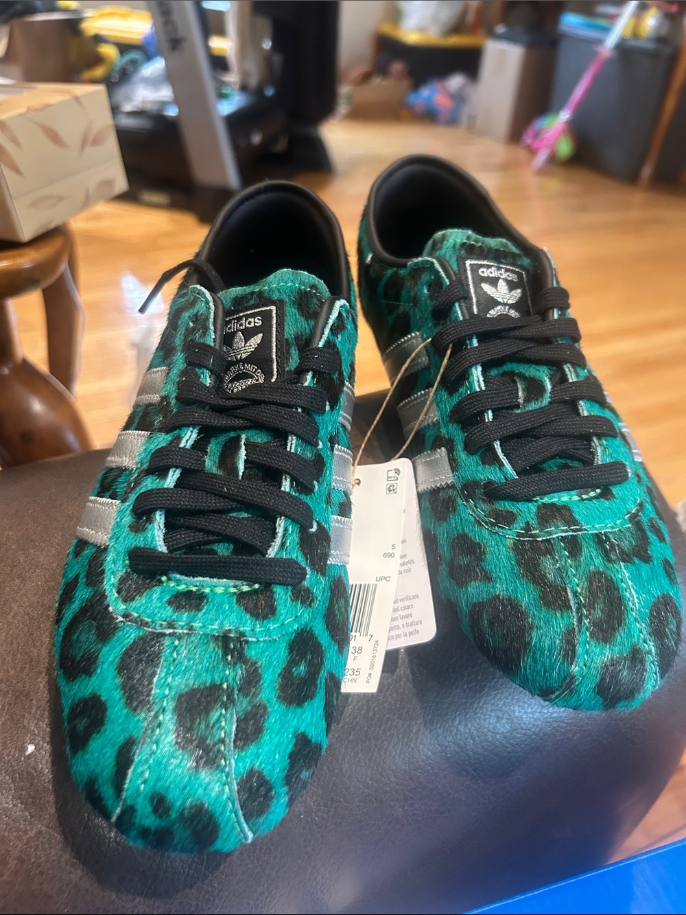 adidas Kids Teal Leopard Print Sneakers with Silver Stripes